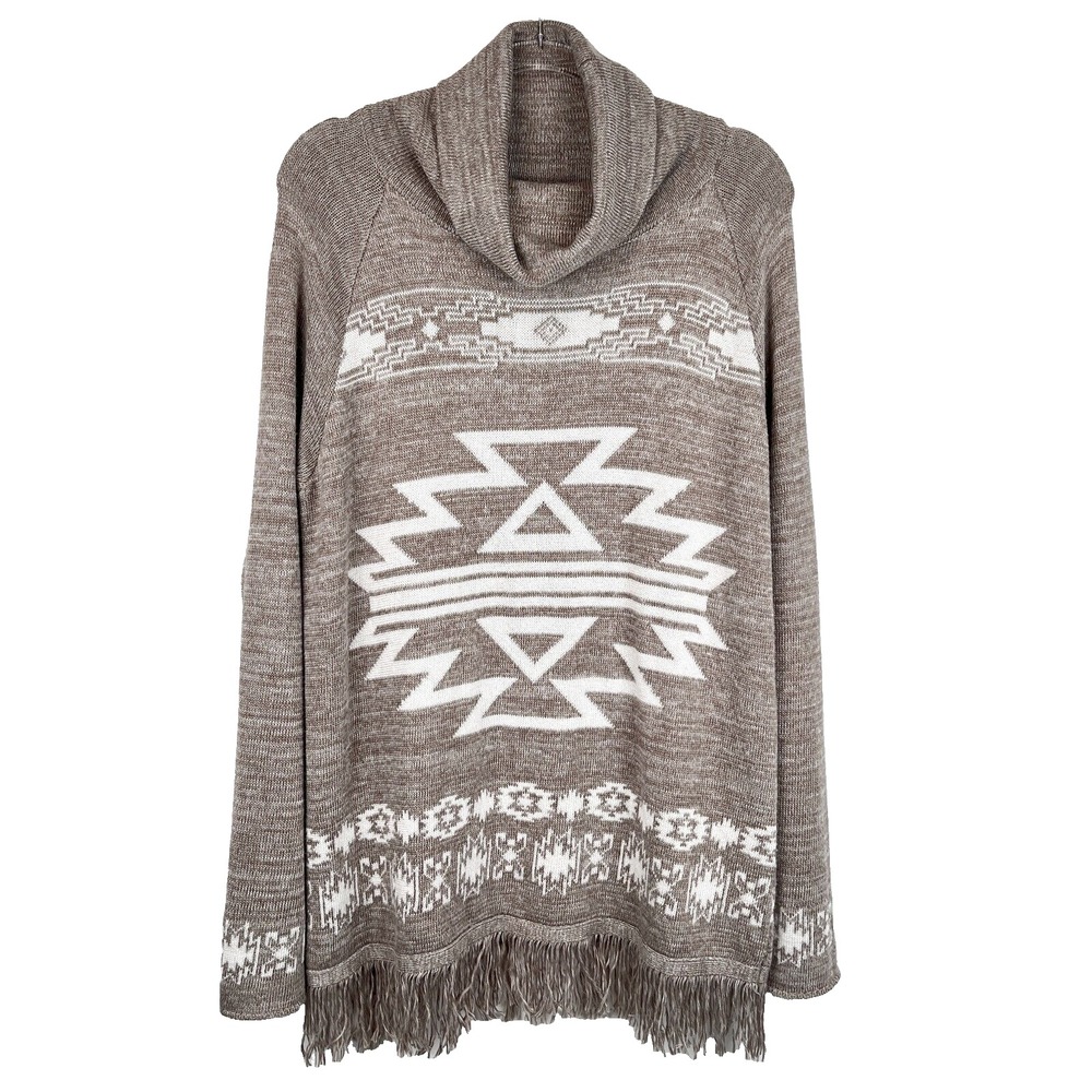 Ryan Michaels Women's Size L/XL Aztec Brown & White Fringed Pullover Sweater